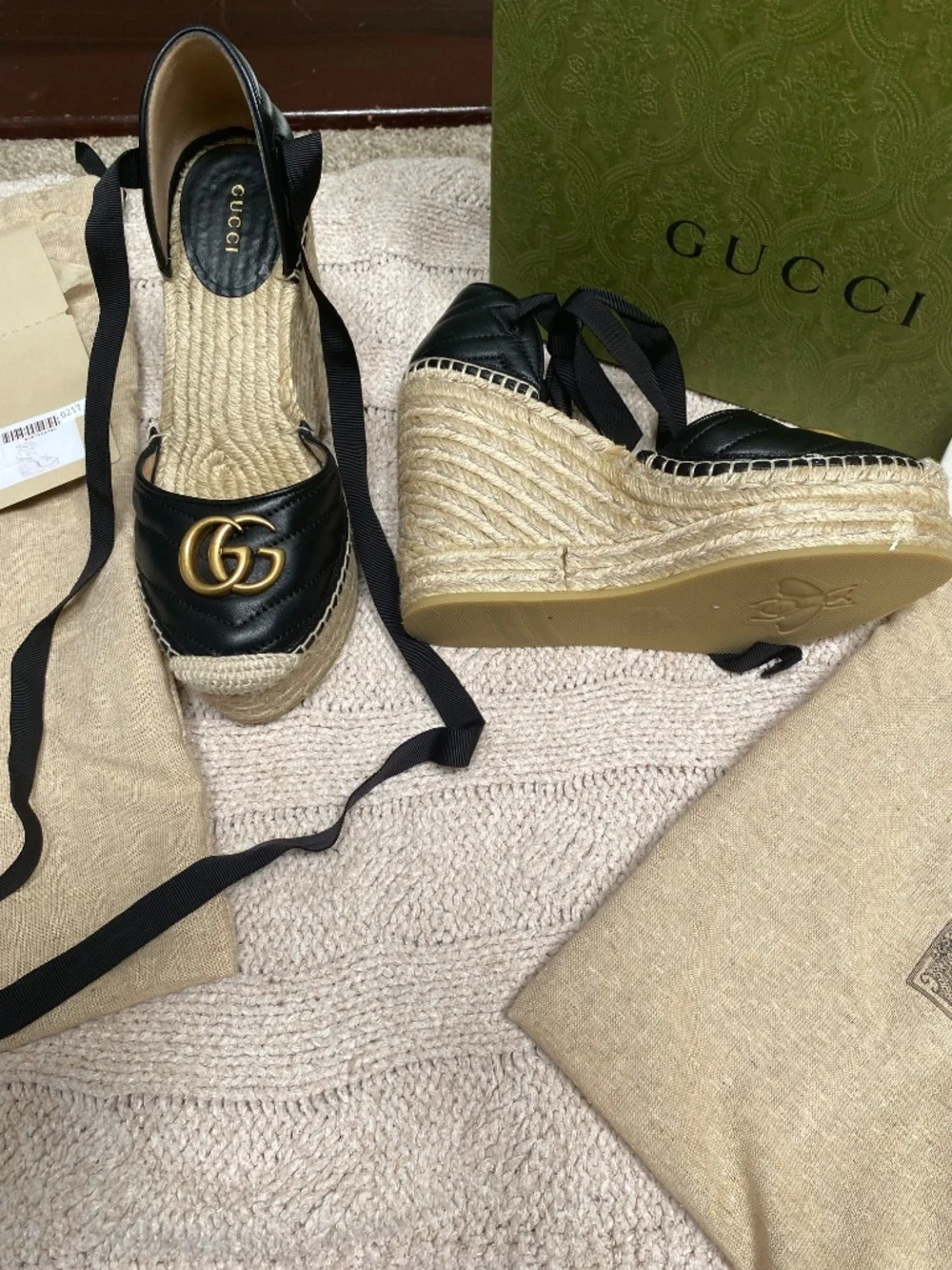 Gucci black monogram espadrilles with ankle ties